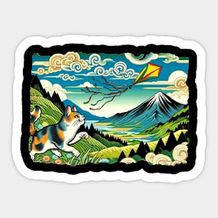 Vintage Japanese Art Kite Flying Mountain Mt. Fuji Cute Cat Sticker